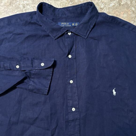 Polo Ralph Lauren Shirt Mens 4XLT 4XL Tall Blue Solid 100% Linen Long Sleeve - Picture 1 of 11